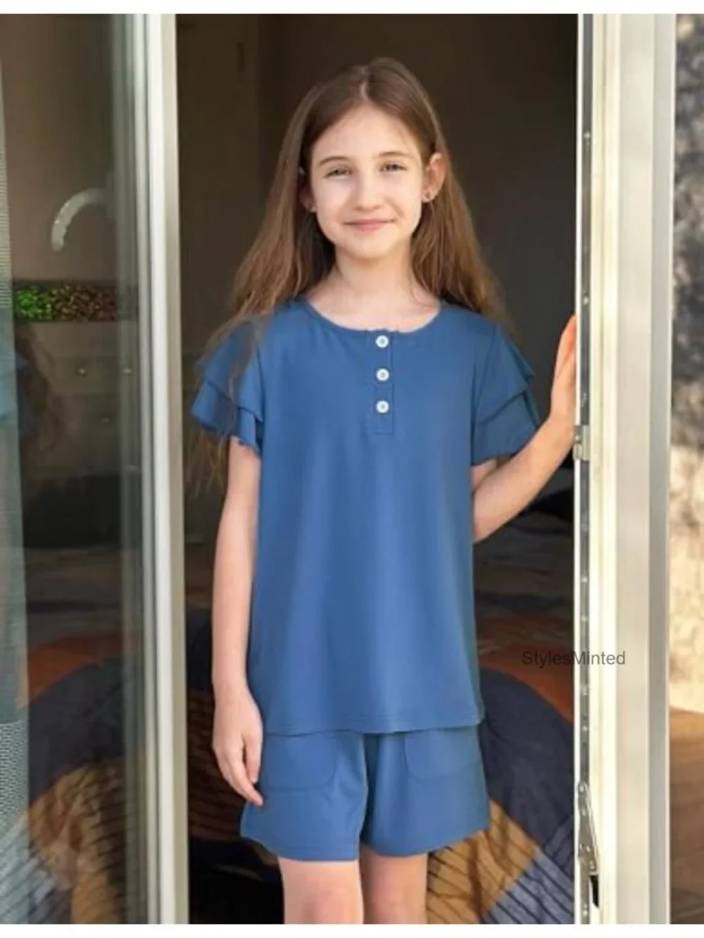 Girls Ruffle Sleeve Button Down Shirt & Shorts 2 Piece Summer Outfit Set
